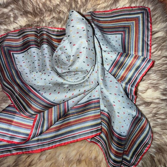 Christian Dior Vintage Silk Scarf — Red Trim Geometric Print Stripes Polkadot — - Picture 9 of 13